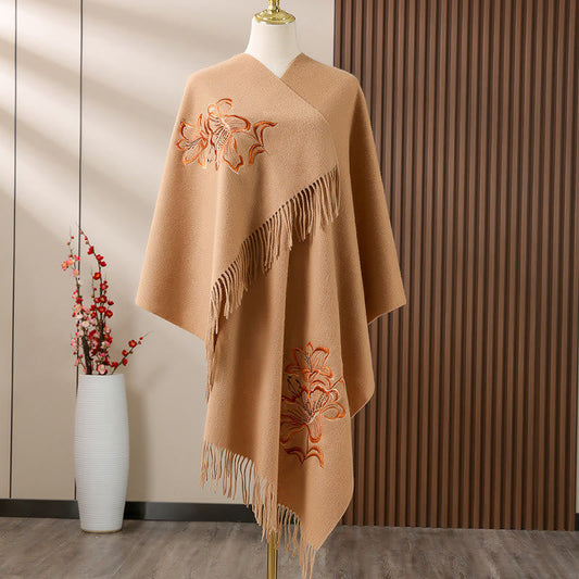 Mythstone Wool Shawl Lily Embroidery Tassel Winter Cozy Travel Scarf Wrap