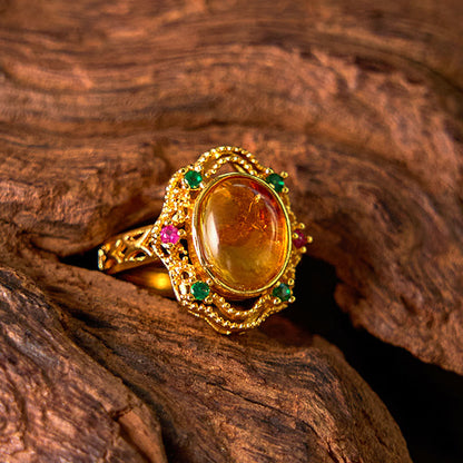 Mythstone Flower Amber Hollow Lace Confidence Adjustable Ring