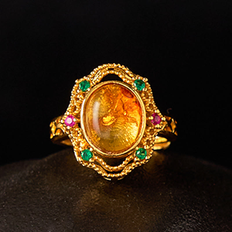 Mythstone Flower Amber Hollow Lace Confidence Adjustable Ring