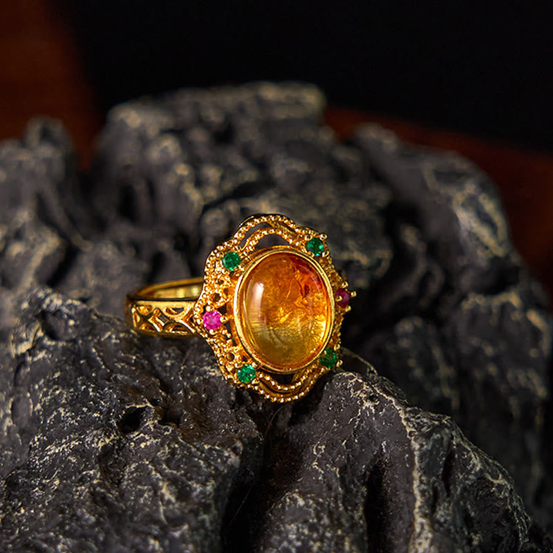 Mythstone Flower Amber Hollow Lace Confidence Adjustable Ring