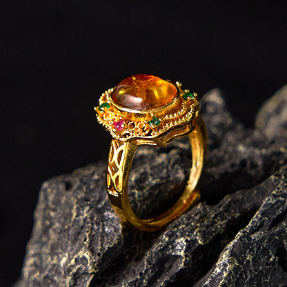 Mythstone Flower Amber Hollow Lace Confidence Adjustable Ring