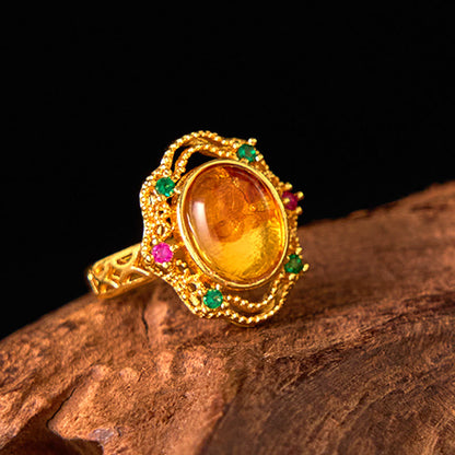 Mythstone Flower Amber Hollow Lace Confidence Adjustable Ring