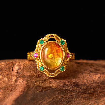 Mythstone Flower Amber Hollow Lace Confidence Adjustable Ring