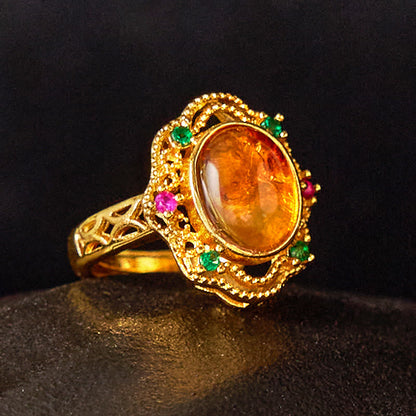 Mythstone Flower Amber Hollow Lace Confidence Adjustable Ring