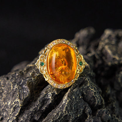 Mythstone Amber Flower Pigeon Egg Pattern Focus Ring