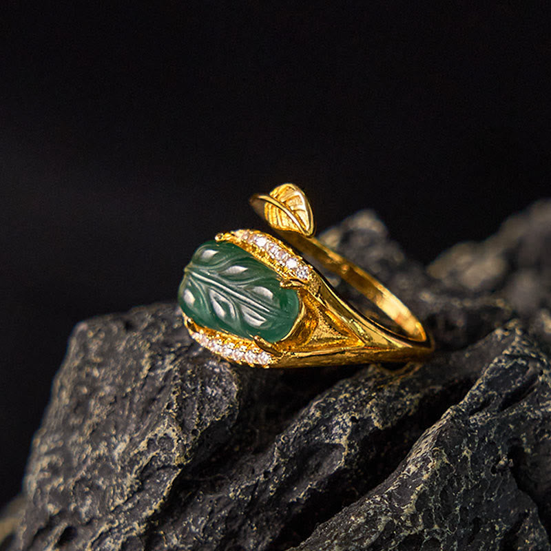 Mythstone Copper Plated Gold Natural Jade Leaf Prosperity Adjustable Ring