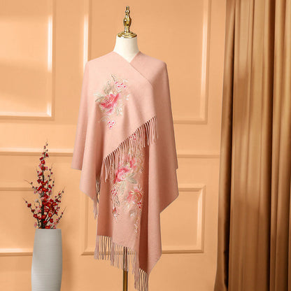 Mythstone Wool Shawl Red Flower Leaves Embroidery Tassel Winter Cozy Travel Scarf Wrap