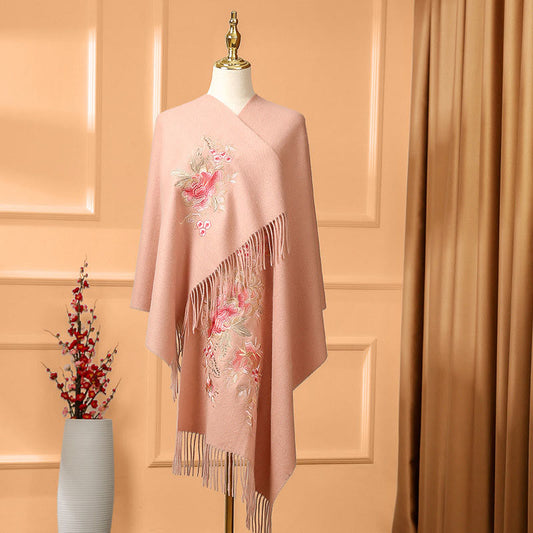 Mythstone Wool Shawl Red Flower Leaves Embroidery Tassel Winter Cozy Travel Scarf Wrap