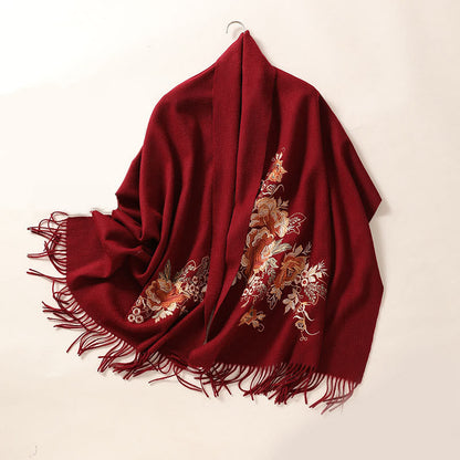 Mythstone Wool Shawl Red Flower Leaves Embroidery Tassel Winter Cozy Travel Scarf Wrap