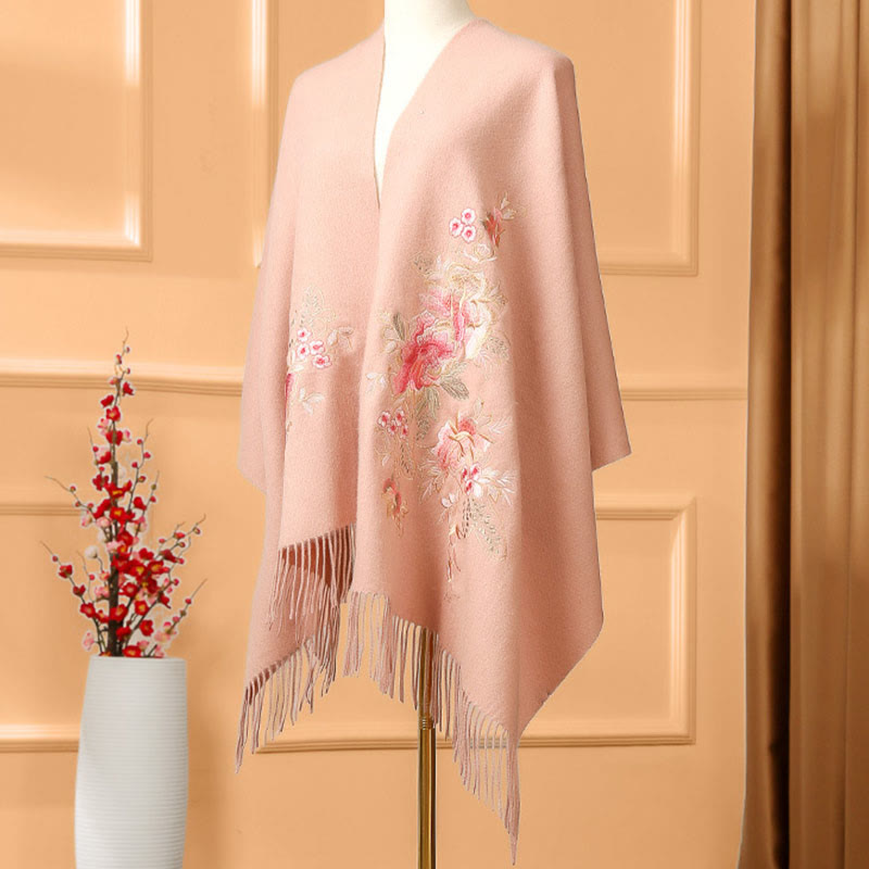 Mythstone Wool Shawl Red Flower Leaves Embroidery Tassel Winter Cozy Travel Scarf Wrap