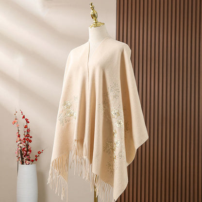 Mythstone Wool Shawl Dahlia Embroidery Tassel Winter Cozy Travel Scarf Wrap