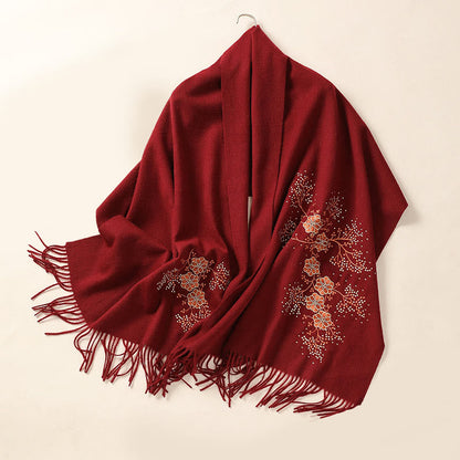 Mythstone Wool Shawl Dahlia Embroidery Tassel Winter Cozy Travel Scarf Wrap