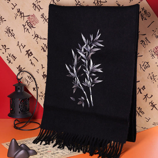 Mythstone Wool Shawl Bamboo Leaf Embroidery Tassel Winter Cozy Travel Scarf Wrap