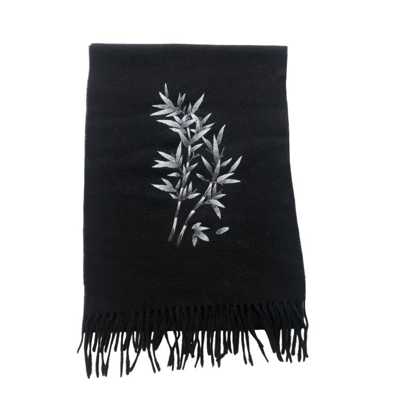 Mythstone Wool Shawl Bamboo Leaf Embroidery Tassel Winter Cozy Travel Scarf Wrap