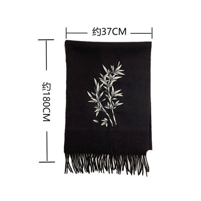 Mythstone Wool Shawl Bamboo Leaf Embroidery Tassel Winter Cozy Travel Scarf Wrap