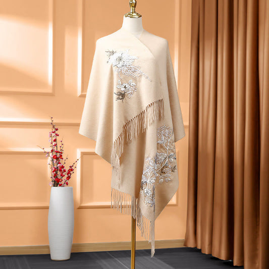 Mythstone Wool Shawl White Orange Flower Embroidery Tassel Winter Cozy Travel Scarf Wrap