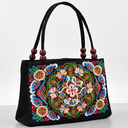 Mythstone Galsang Inula Flower Peony Peacock Double-Sided Embroidery Canvas Shopping Purse Handbag