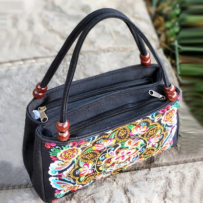 Mythstone Galsang Inula Flower Peony Peacock Double-Sided Embroidery Canvas Shopping Purse Handbag