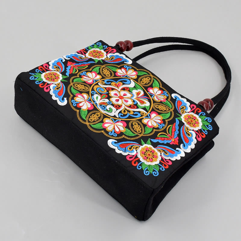 Mythstone Galsang Inula Flower Peony Peacock Double-Sided Embroidery Canvas Shopping Purse Handbag