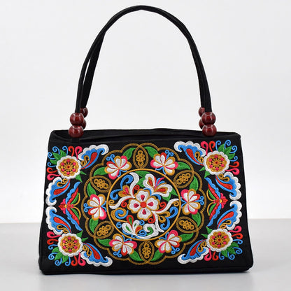 Mythstone Galsang Inula Flower Peony Peacock Double-Sided Embroidery Canvas Shopping Purse Handbag