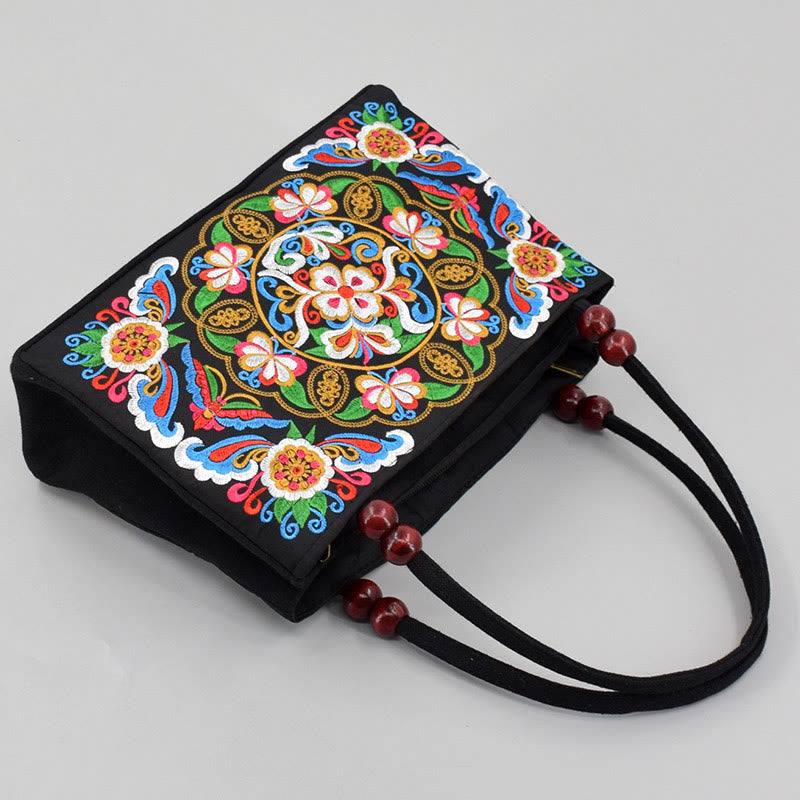 Mythstone Galsang Inula Flower Peony Peacock Double-Sided Embroidery Canvas Shopping Purse Handbag