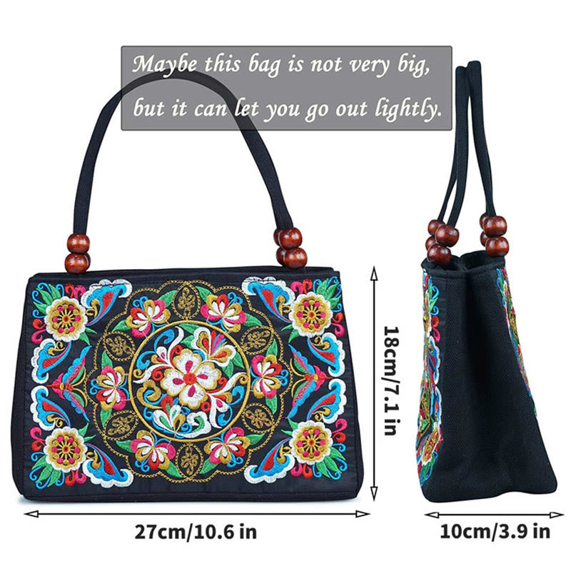 Mythstone Galsang Inula Flower Peony Peacock Double-Sided Embroidery Canvas Shopping Purse Handbag