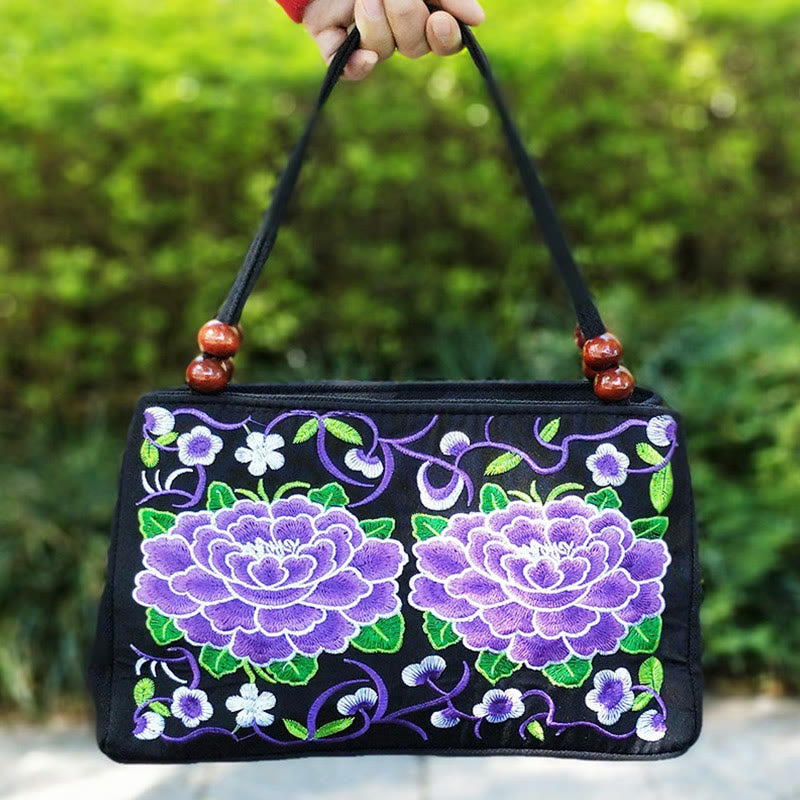 Mythstone Galsang Inula Flower Peony Peacock Double-Sided Embroidery Canvas Shopping Purse Handbag