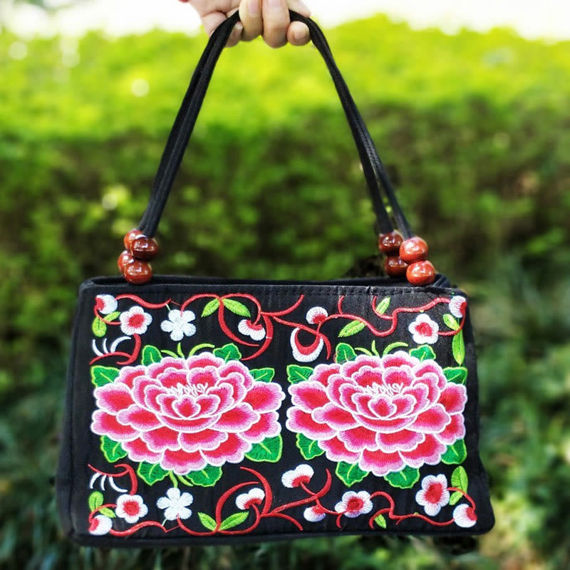 Mythstone Galsang Inula Flower Peony Peacock Double-Sided Embroidery Canvas Shopping Purse Handbag