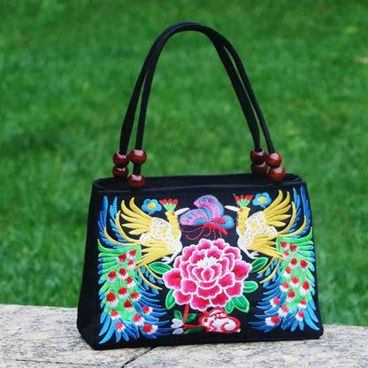 Mythstone Galsang Inula Flower Peony Peacock Double-Sided Embroidery Canvas Shopping Purse Handbag