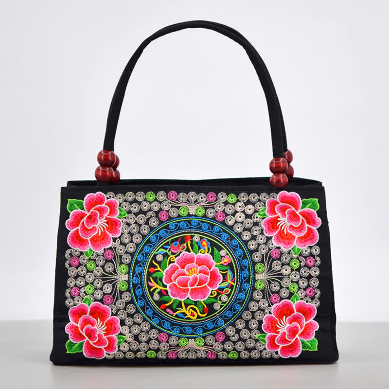 Mythstone Galsang Inula Flower Peony Peacock Double-Sided Embroidery Canvas Shopping Purse Handbag