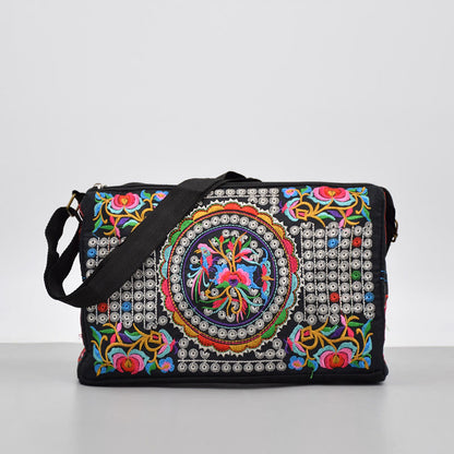 Mythstone Galsang Inula Flower Peony Peacock Double-Sided Embroidery Canvas Shopping Purse Handbag Crossbody Bag