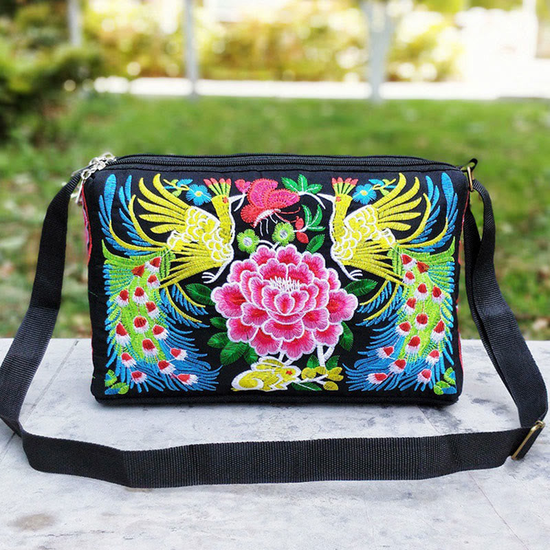 Mythstone Galsang Inula Flower Peony Peacock Double-Sided Embroidery Canvas Shopping Purse Handbag Crossbody Bag