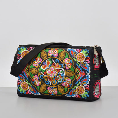 Mythstone Galsang Inula Flower Peony Peacock Double-Sided Embroidery Canvas Shopping Purse Handbag Crossbody Bag