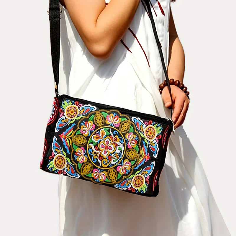 Mythstone Galsang Inula Flower Peony Peacock Double-Sided Embroidery Canvas Shopping Purse Handbag Crossbody Bag