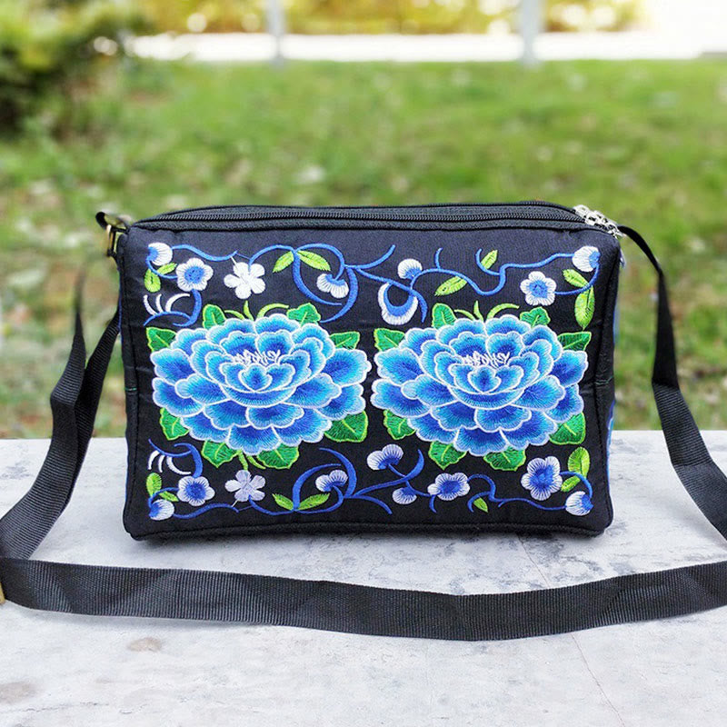 Mythstone Galsang Inula Flower Peony Peacock Double-Sided Embroidery Canvas Shopping Purse Handbag Crossbody Bag