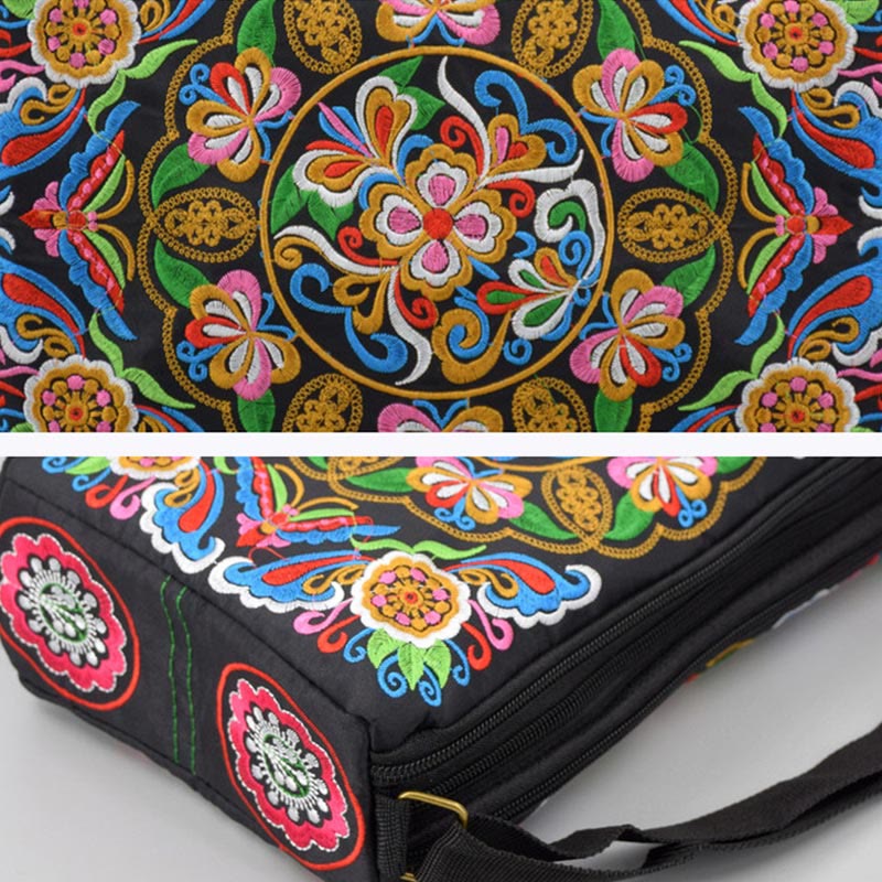 Mythstone Galsang Inula Flower Peony Peacock Double-Sided Embroidery Canvas Shopping Purse Handbag Crossbody Bag