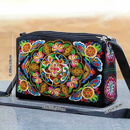 Mythstone Galsang Inula Flower Peony Peacock Double-Sided Embroidery Canvas Shopping Purse Handbag Crossbody Bag