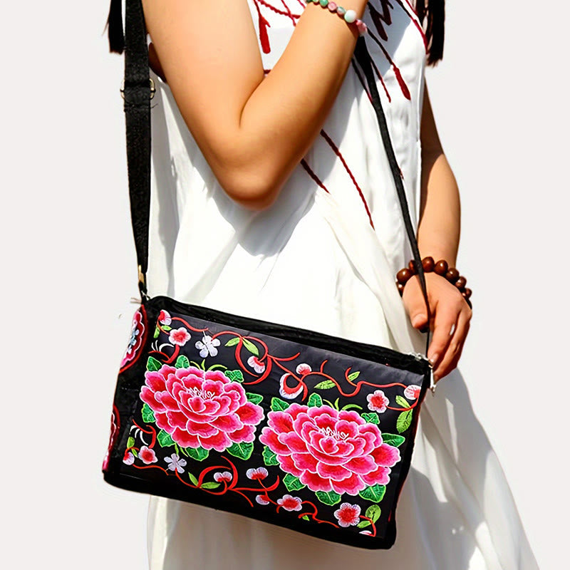 Mythstone Galsang Inula Flower Peony Peacock Double-Sided Embroidery Canvas Shopping Purse Handbag Crossbody Bag