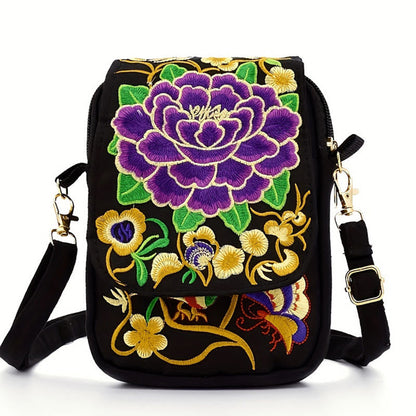 Mythstone Inula Flower Peony Embroidery Canvas Shopping Purse Handbag Crossbody Bag