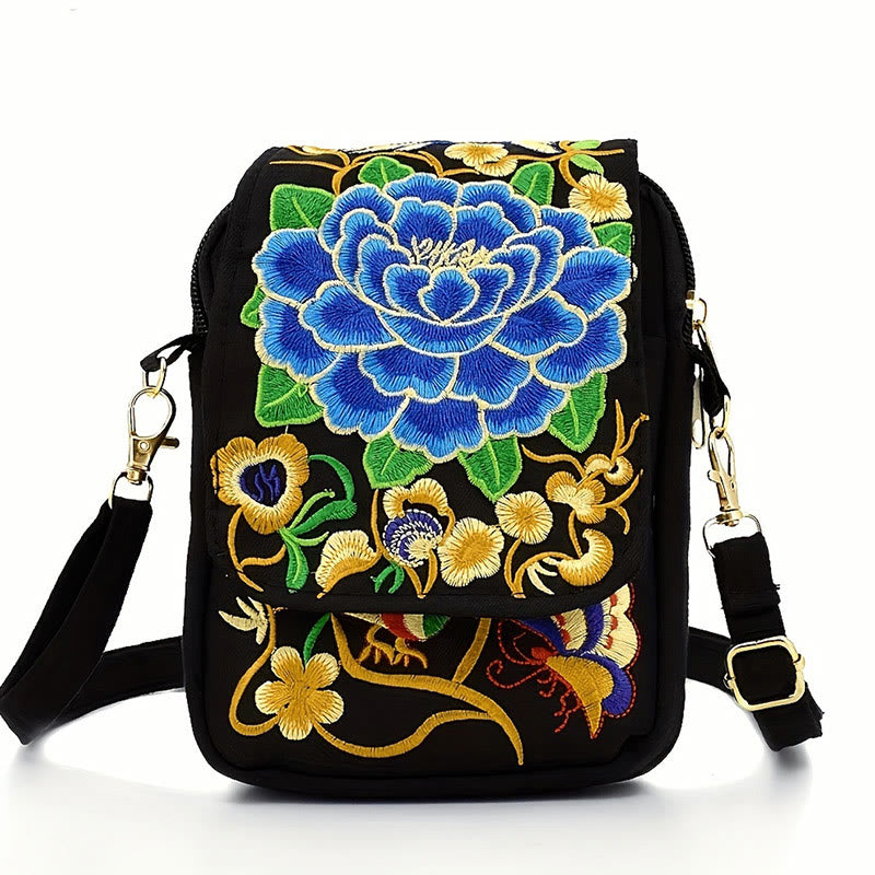 Mythstone Inula Flower Peony Embroidery Canvas Shopping Purse Handbag Crossbody Bag