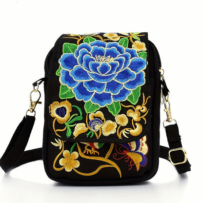 Mythstone Inula Flower Peony Embroidery Canvas Shopping Purse Handbag Crossbody Bag