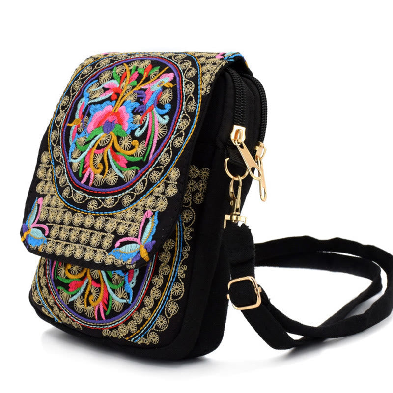 Mythstone Inula Flower Peony Embroidery Canvas Shopping Purse Handbag Crossbody Bag