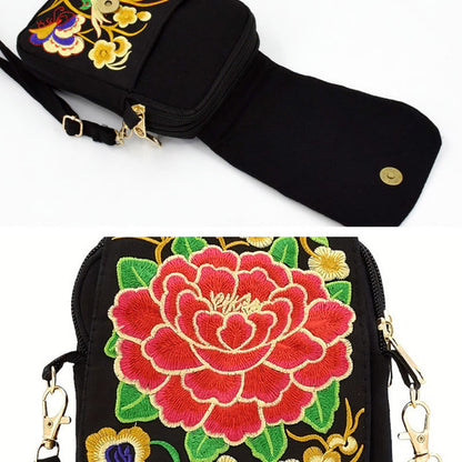 Mythstone Inula Flower Peony Embroidery Canvas Shopping Purse Handbag Crossbody Bag