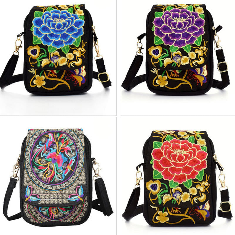 Mythstone Inula Flower Peony Embroidery Canvas Shopping Purse Handbag Crossbody Bag