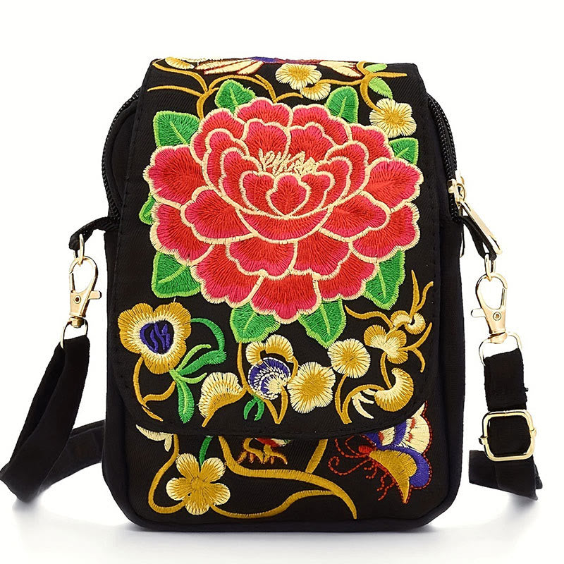 Mythstone Inula Flower Peony Embroidery Canvas Shopping Purse Handbag Crossbody Bag