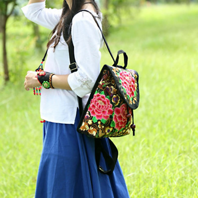 Mythstone Peony Chinese Money Tree Embroidery Canvas Backpack