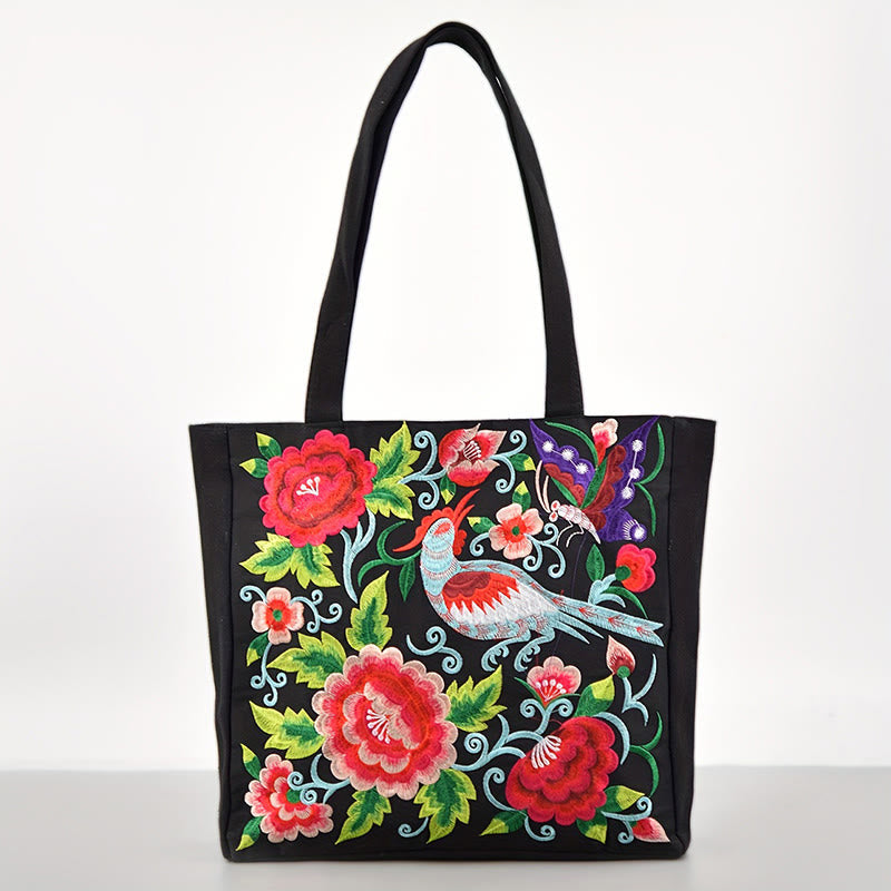 Mythstone Galsang Magpie Peony Camellia Chrysanthemum Embroidery Canvas Shopping Purse Handbag Shoulder Bag