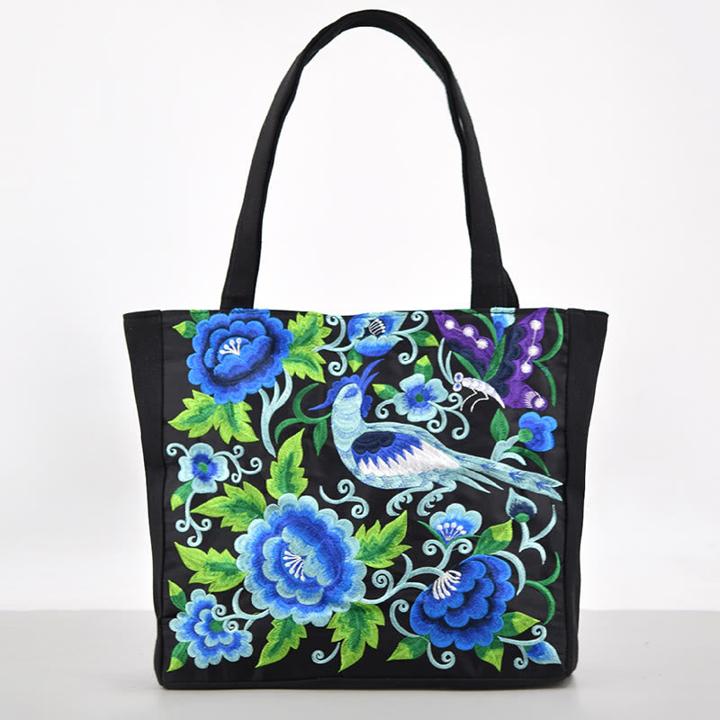 Mythstone Galsang Magpie Peony Camellia Chrysanthemum Embroidery Canvas Shopping Purse Handbag Shoulder Bag