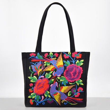 Mythstone Galsang Magpie Peony Camellia Chrysanthemum Embroidery Canvas Shopping Purse Handbag Shoulder Bag