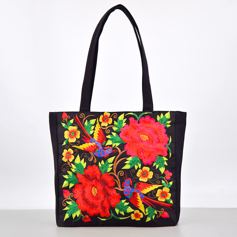 Mythstone Galsang Magpie Peony Camellia Chrysanthemum Embroidery Canvas Shopping Purse Handbag Shoulder Bag